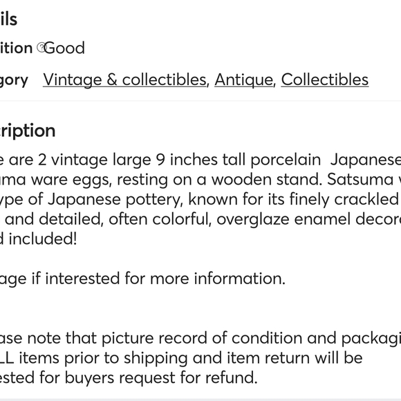 Japanese Satsuma-style porcelain decorative eggs hand-painted Large / Set Of 2 - Picture 4 of 6